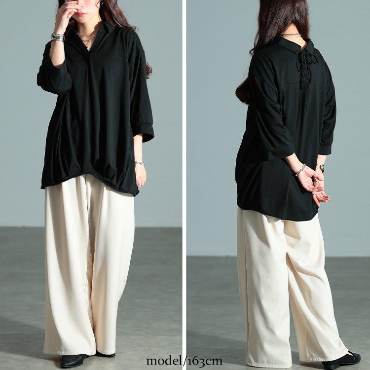 大きいサイズ レディース 後ろレースアップ裾タックプルオーバー