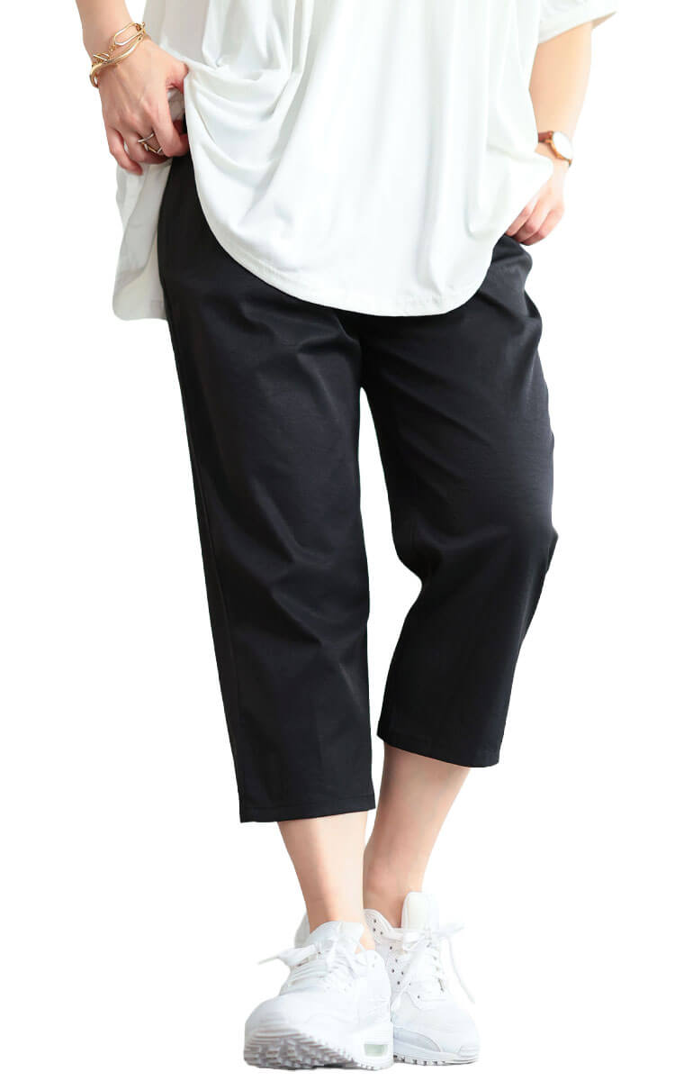 大きいサイズ レディース 接触冷感ソフトフィットテーパードパンツ ブラック(クロップド丈)
