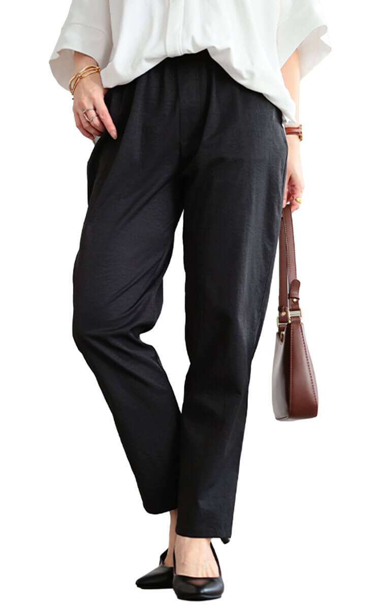 大きいサイズ レディース 接触冷感ソフトフィットテーパードパンツ ブラック(10分丈)