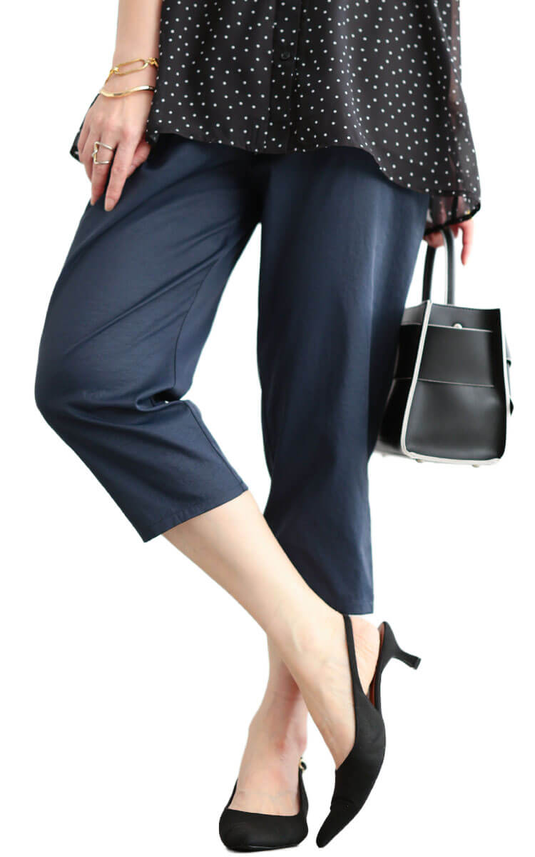 大きいサイズ レディース 接触冷感ソフトフィットテーパードパンツ ネイビー(クロップド丈)