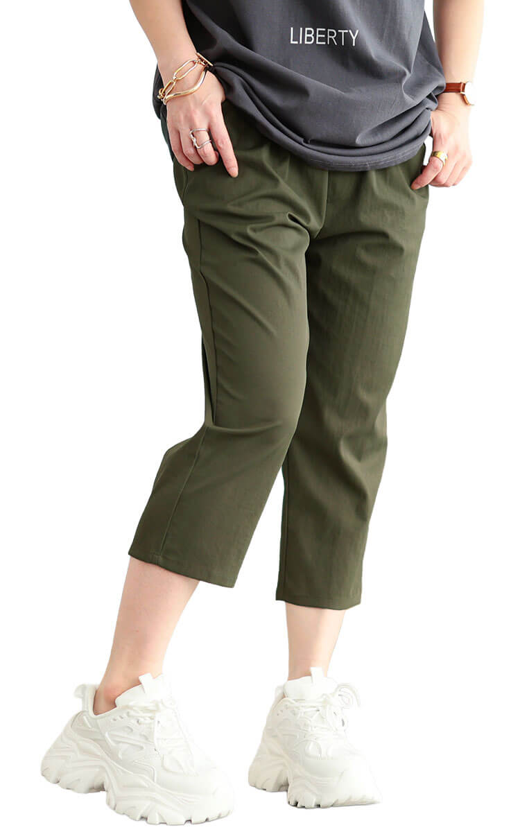 大きいサイズ レディース 接触冷感ソフトフィットテーパードパンツ カーキ(クロップド丈)