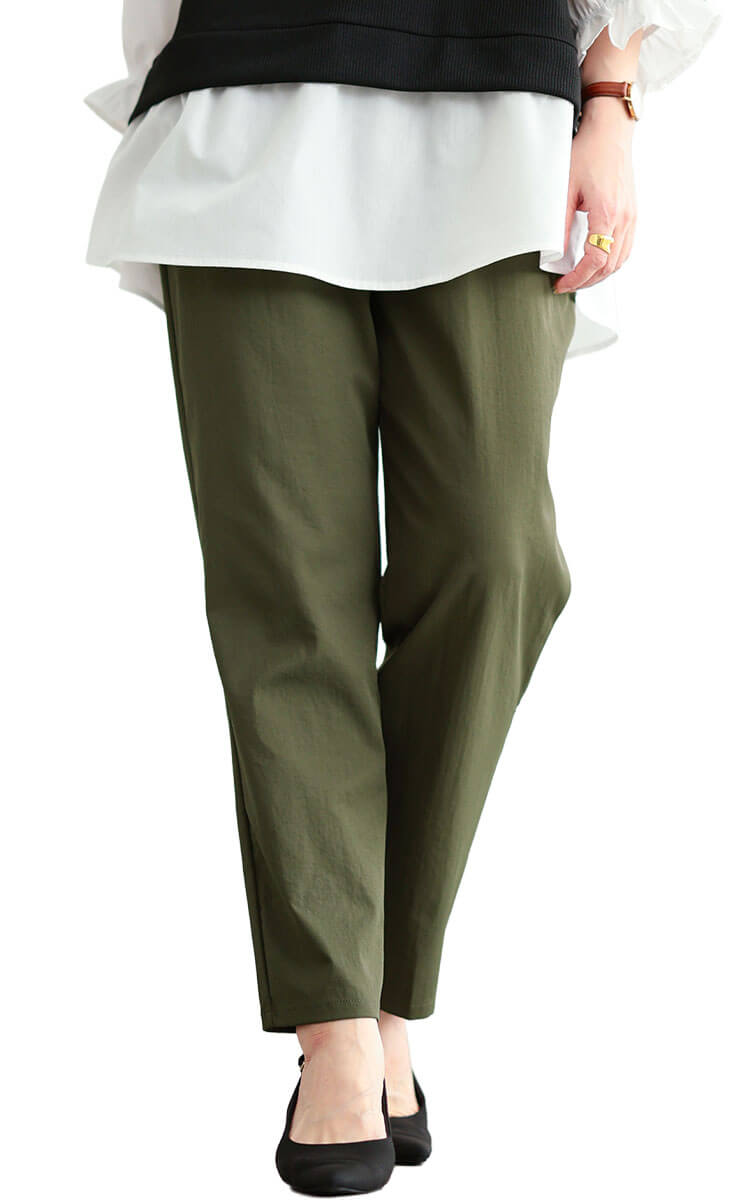 大きいサイズ レディース 接触冷感ソフトフィットテーパードパンツ カーキ(10分丈)