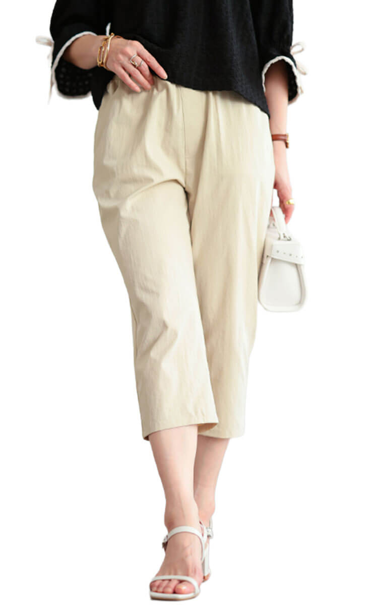 大きいサイズ レディース 接触冷感ソフトフィットテーパードパンツ アイボリー(クロップド丈)