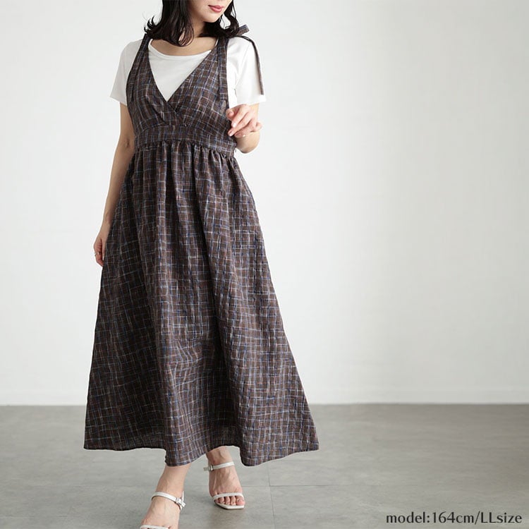 大きいサイズ レディース チェック柄リボンショルダーVネックジャンパースカート