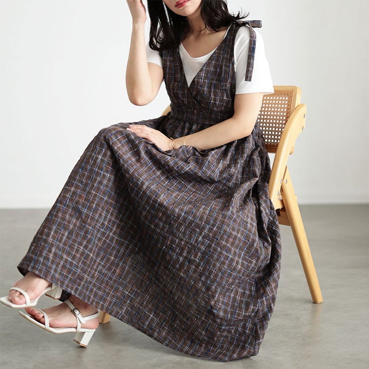 大きいサイズ レディース チェック柄リボンショルダーVネックジャンパースカート