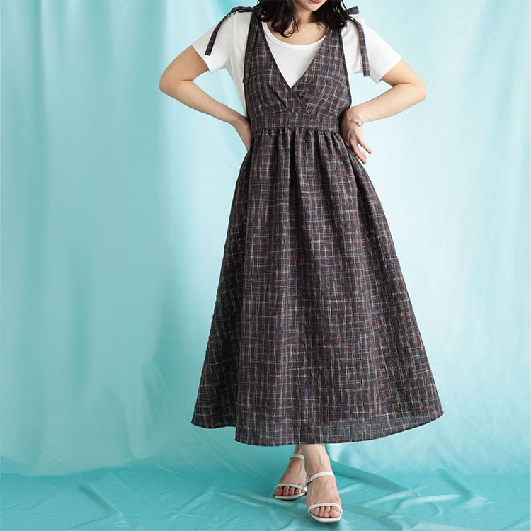 大きいサイズ レディース チェック柄リボンショルダーVネックジャンパースカート