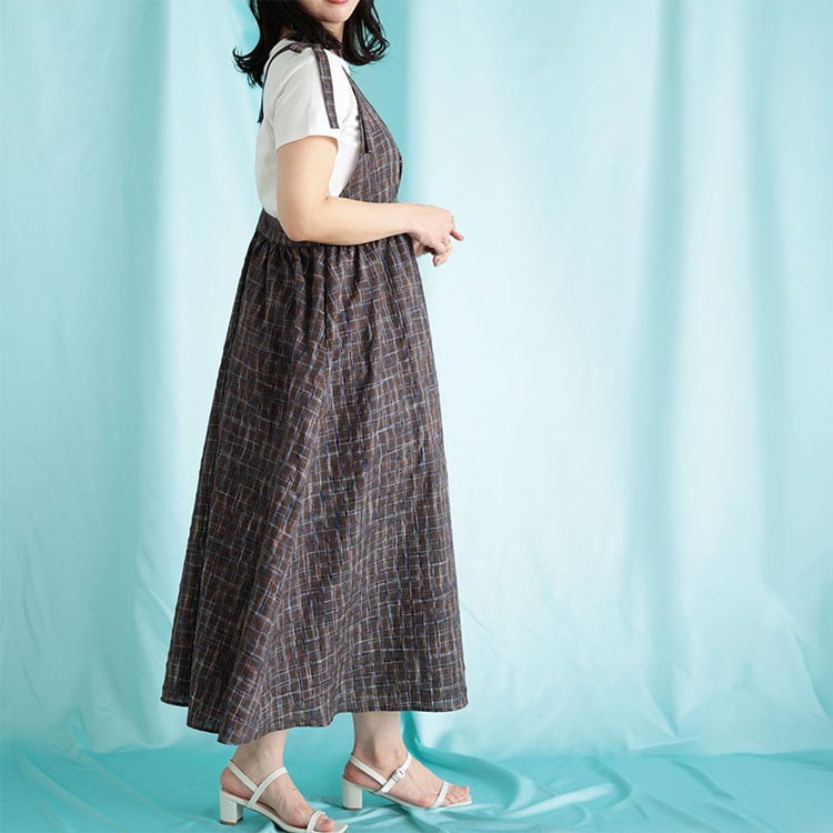 大きいサイズ レディース チェック柄リボンショルダーVネックジャンパースカート