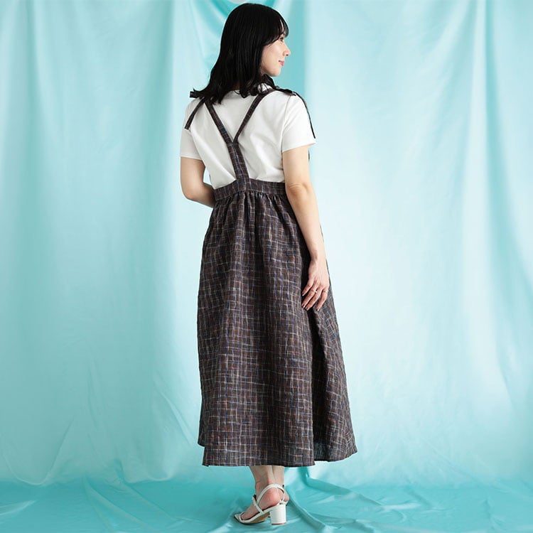 大きいサイズ レディース チェック柄リボンショルダーVネックジャンパースカート