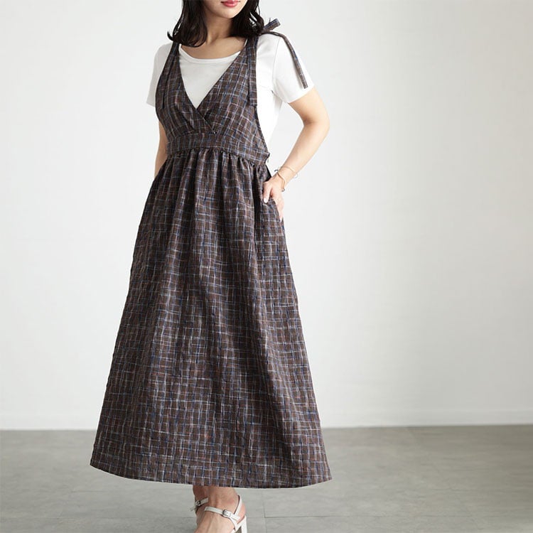 大きいサイズ レディース チェック柄リボンショルダーVネックジャンパースカート