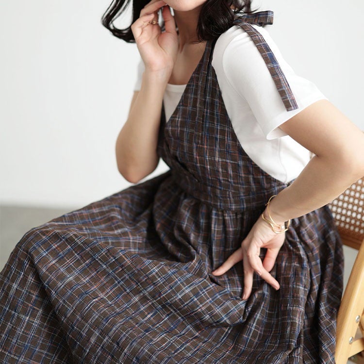 大きいサイズ レディース チェック柄リボンショルダーVネックジャンパースカート