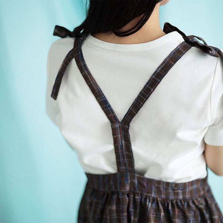 大きいサイズ レディース チェック柄リボンショルダーVネックジャンパースカート