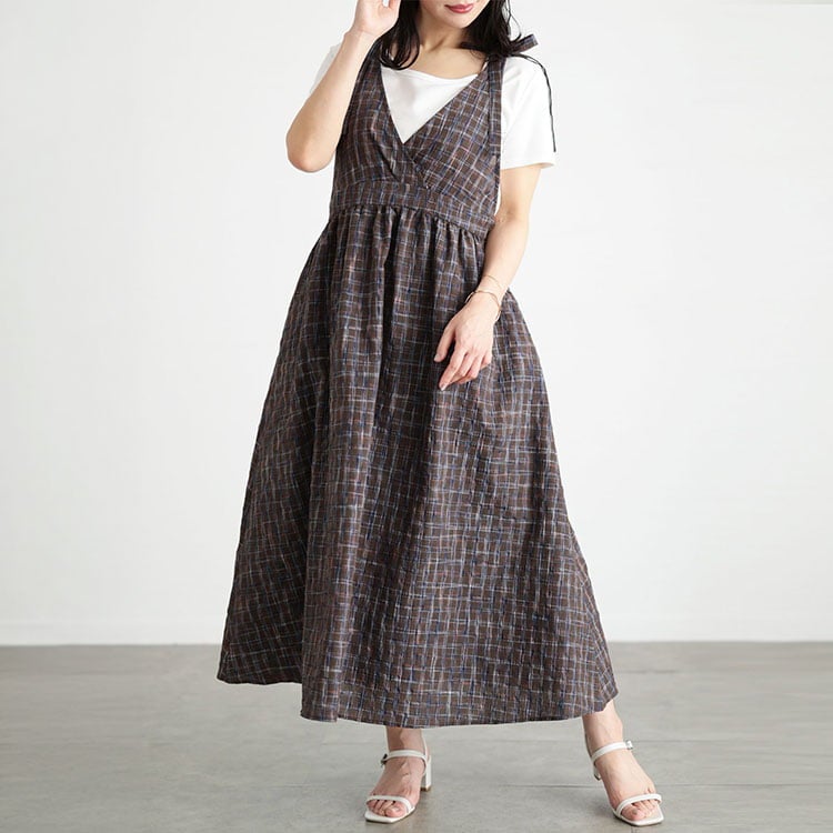 大きいサイズ レディース チェック柄リボンショルダーVネックジャンパースカート