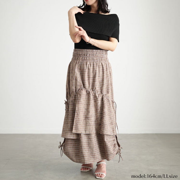 大きいサイズ レディース ドロストチェックティアードロングスカート