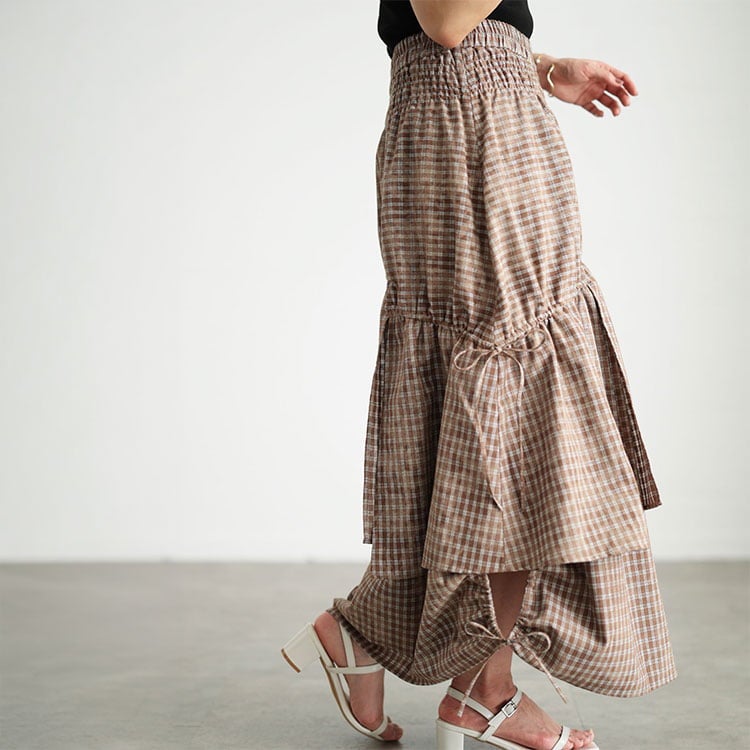 大きいサイズ レディース ドロストチェックティアードロングスカート
