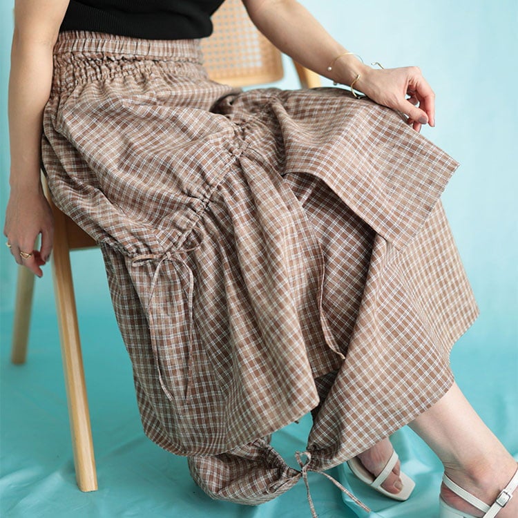 大きいサイズ レディース ドロストチェックティアードロングスカート