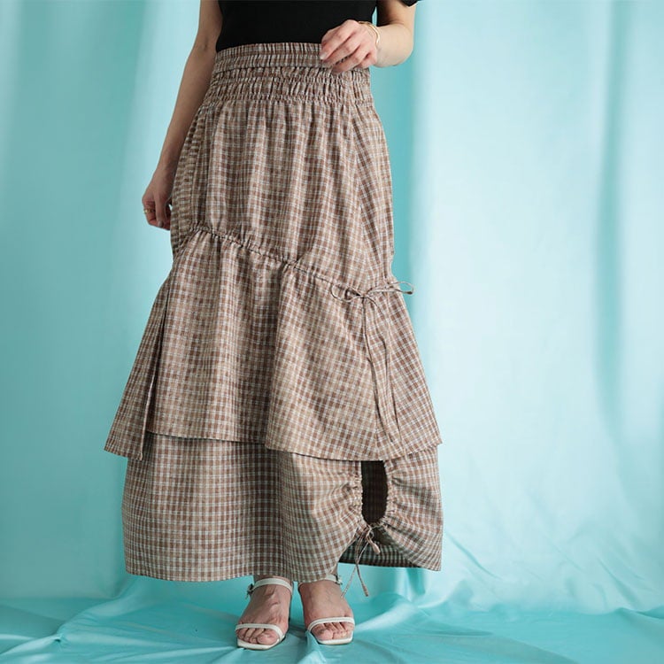 大きいサイズ レディース ドロストチェックティアードロングスカート