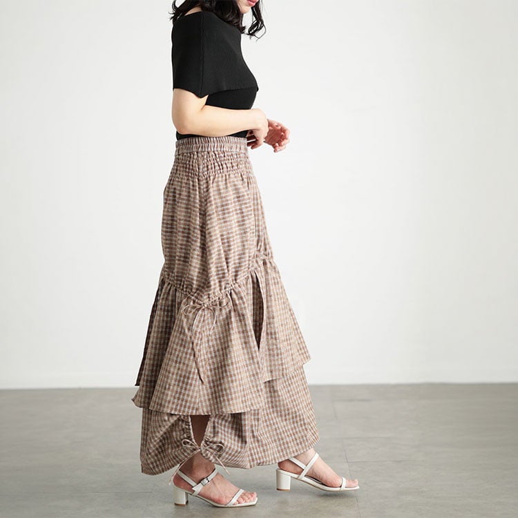 大きいサイズ レディース ドロストチェックティアードロングスカート
