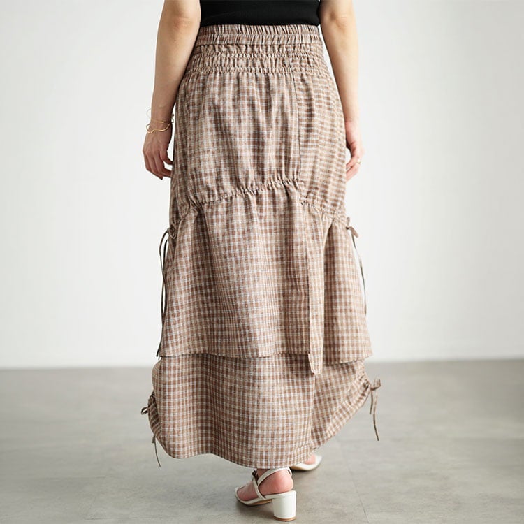 大きいサイズ レディース ドロストチェックティアードロングスカート