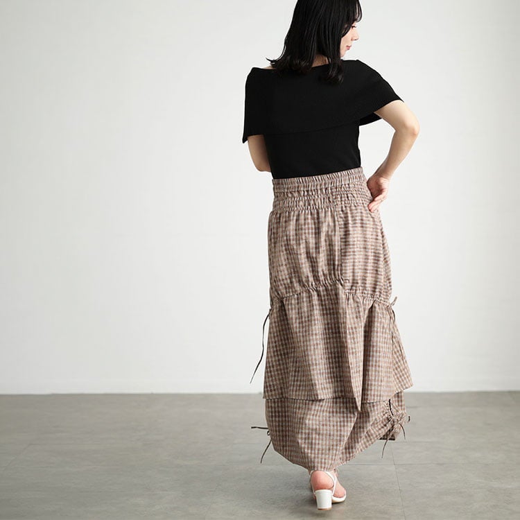 大きいサイズ レディース ドロストチェックティアードロングスカート
