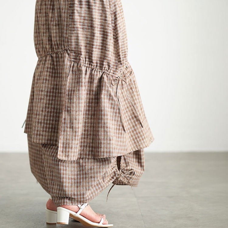 大きいサイズ レディース ドロストチェックティアードロングスカート