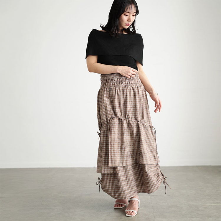 大きいサイズ レディース ドロストチェックティアードロングスカート