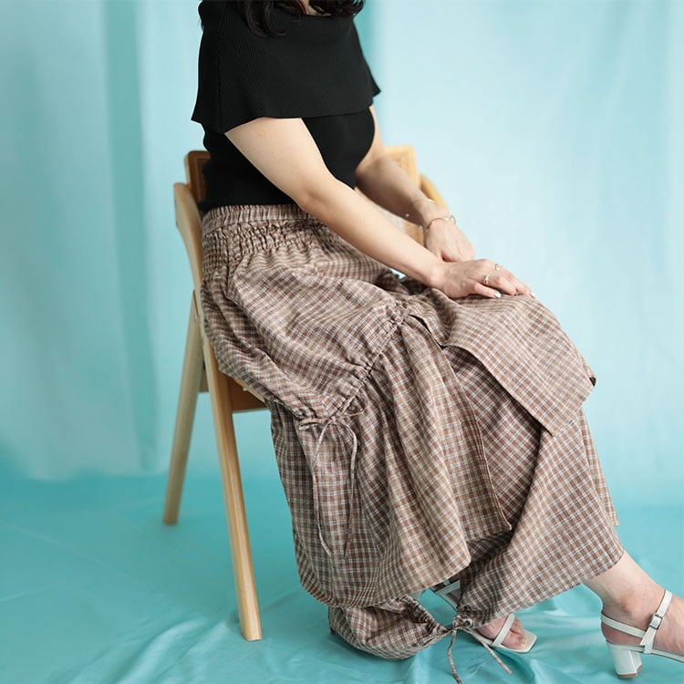 大きいサイズ レディース ドロストチェックティアードロングスカート