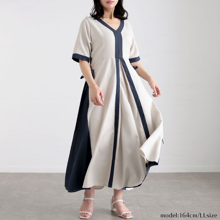 大きいサイズ レディース バイカラーパネル切替ワンピース