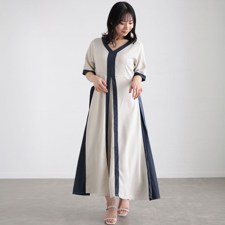 大きいサイズ レディース バイカラーパネル切替ワンピース
