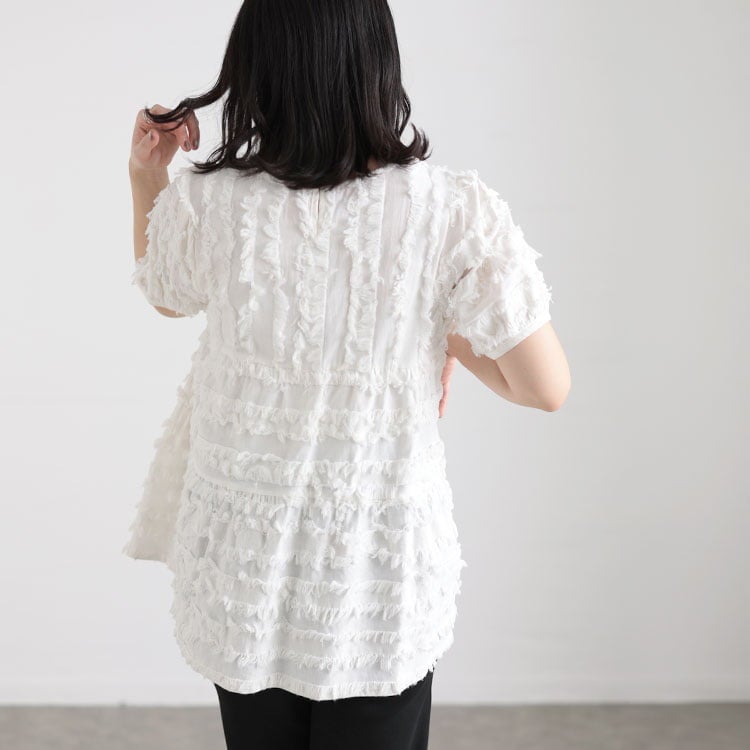 大きいサイズ レディース フリンジジャガードペプラム半袖プルオーバー