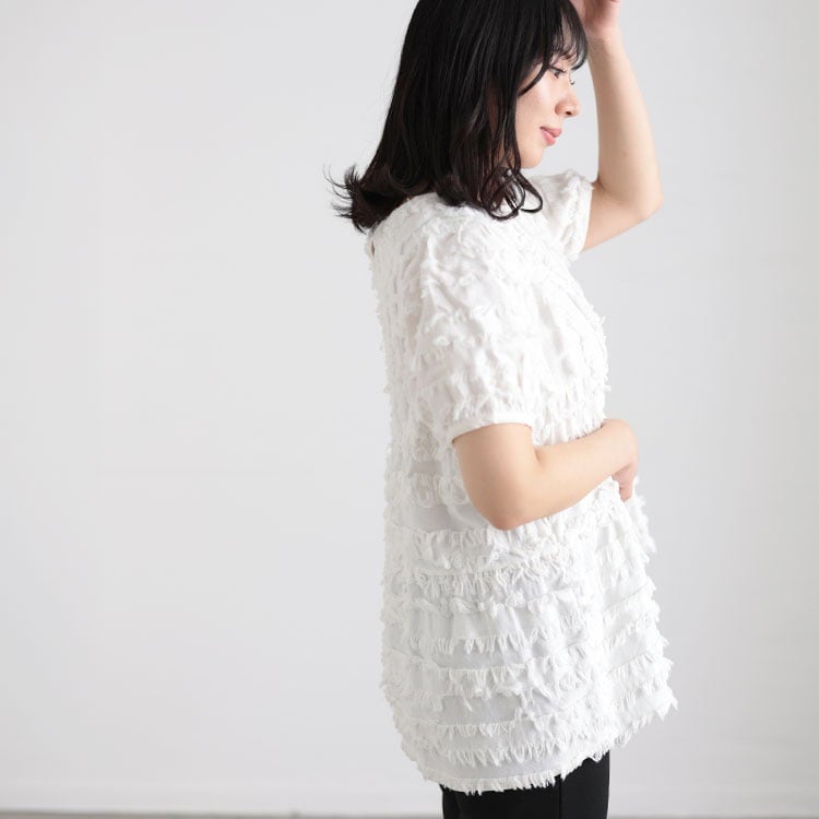 大きいサイズ レディース フリンジジャガードペプラム半袖プルオーバー