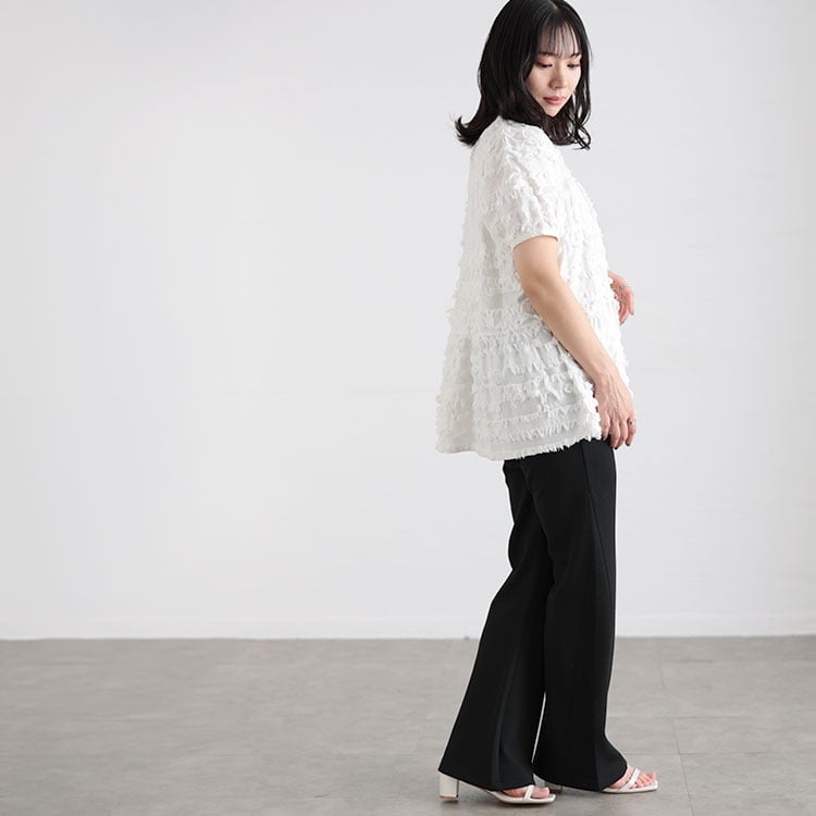 大きいサイズ レディース フリンジジャガードペプラム半袖プルオーバー