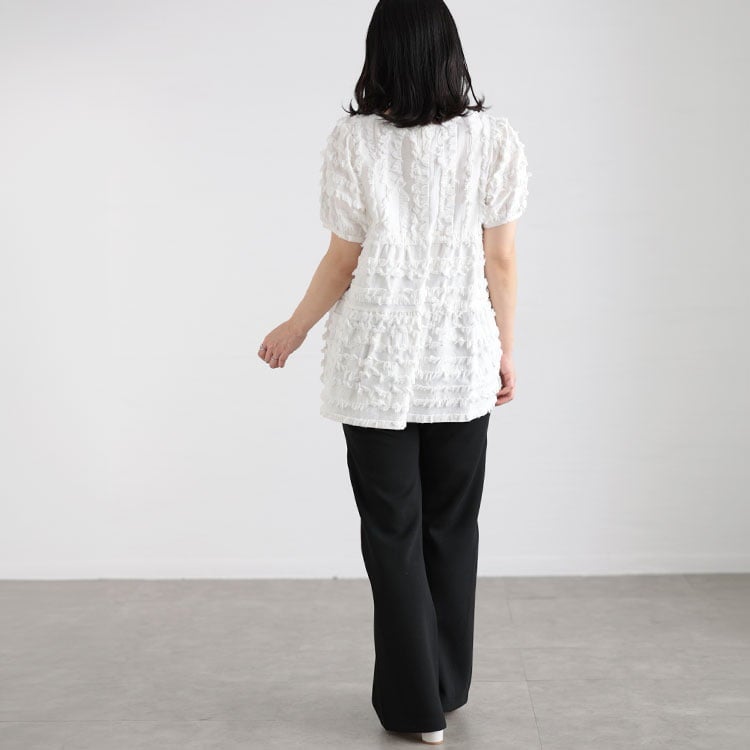 大きいサイズ レディース フリンジジャガードペプラム半袖プルオーバー