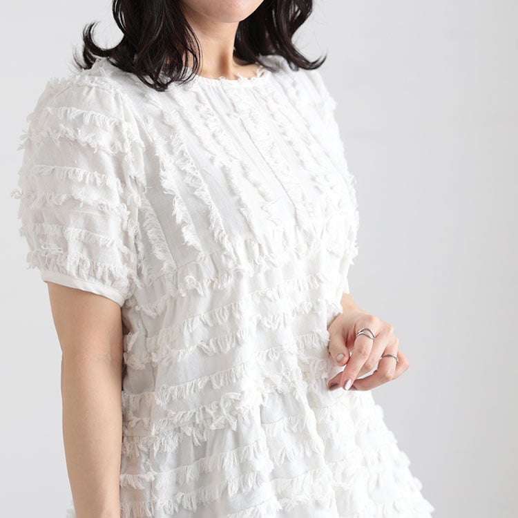 大きいサイズ レディース フリンジジャガードペプラム半袖プルオーバー