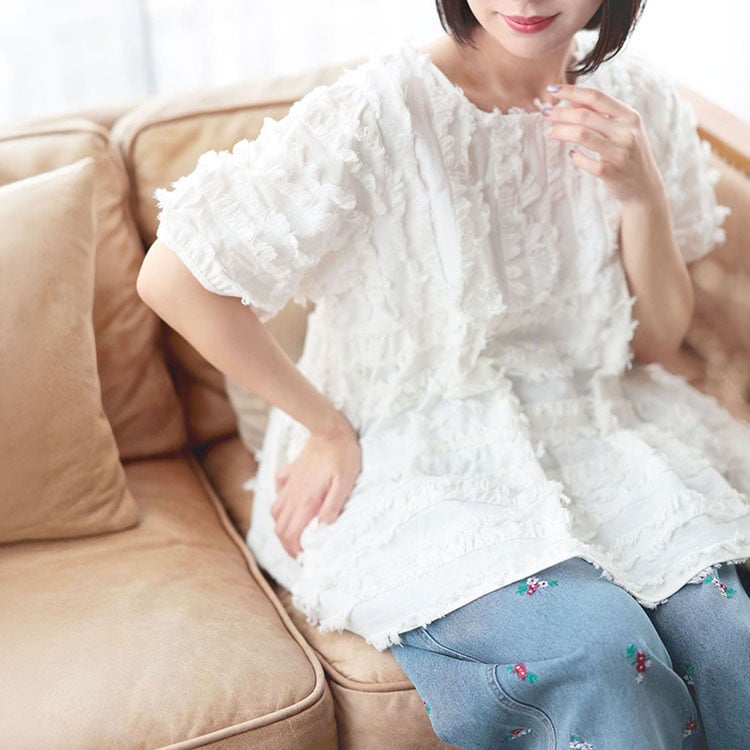 大きいサイズ レディース フリンジジャガードペプラム半袖プルオーバー