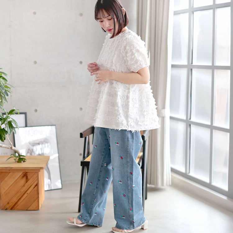 大きいサイズ レディース フリンジジャガードペプラム半袖プルオーバー