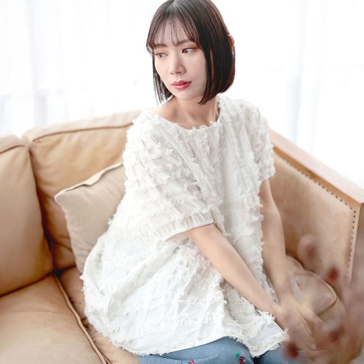 大きいサイズ レディース フリンジジャガードペプラム半袖プルオーバー