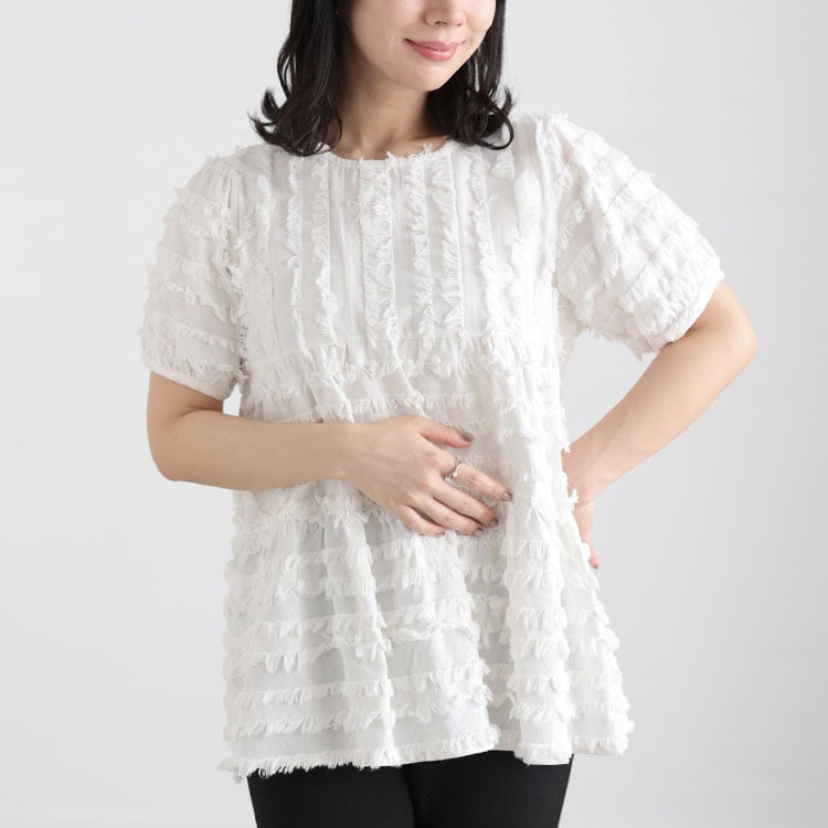 大きいサイズ レディース フリンジジャガードペプラム半袖プルオーバー