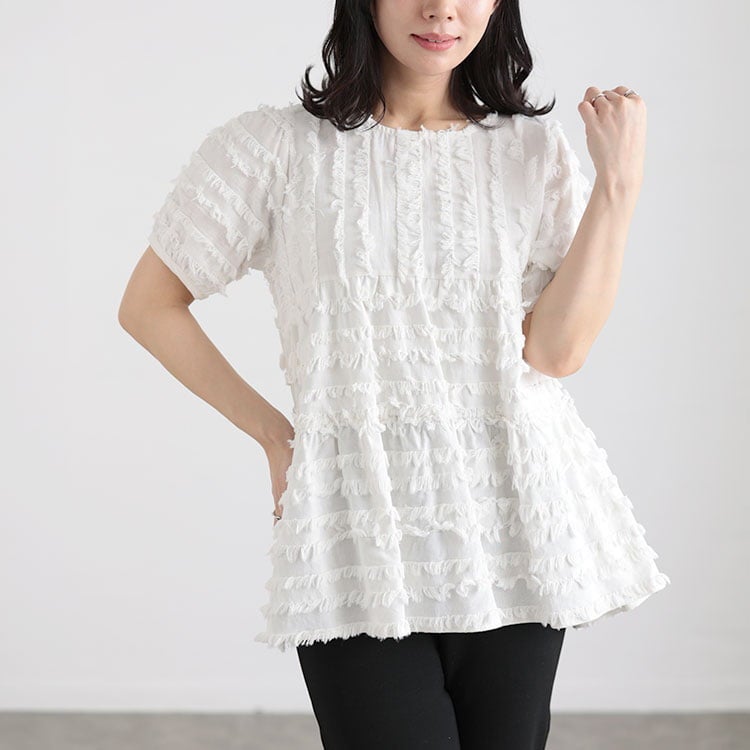 大きいサイズ レディース フリンジジャガードペプラム半袖プルオーバー ホワイト