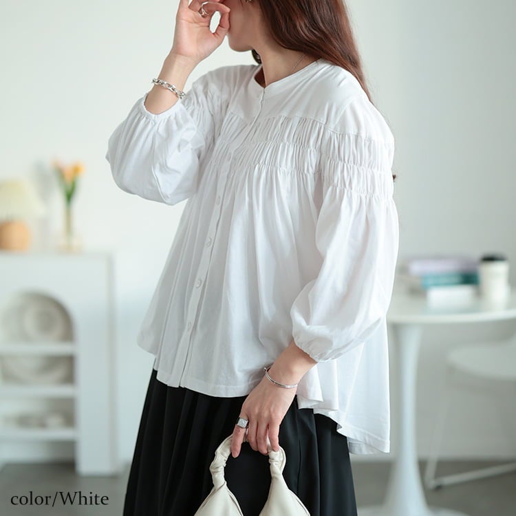 大きいサイズ レディース ピンタックギャザーコットンブラウス