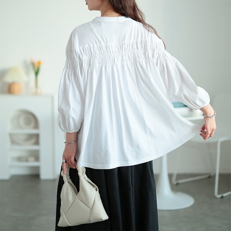 大きいサイズ レディース ピンタックギャザーコットンブラウス