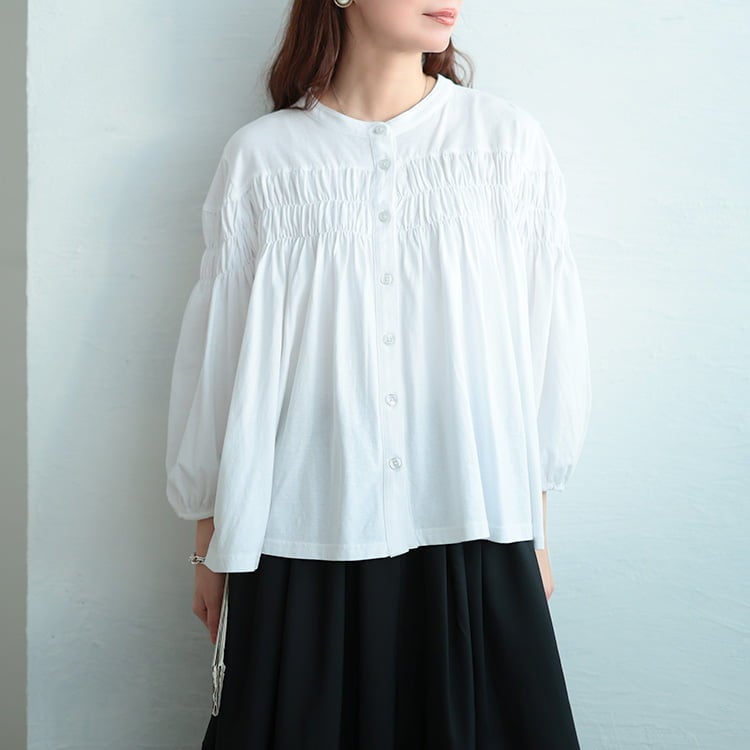 大きいサイズ レディース ピンタックギャザーコットンブラウス