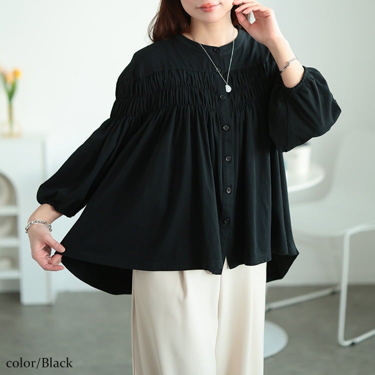 大きいサイズ レディース ピンタックギャザーコットンブラウス