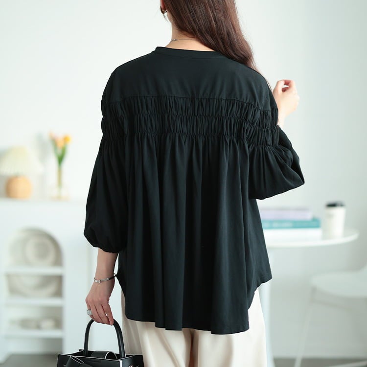 大きいサイズ レディース ピンタックギャザーコットンブラウス