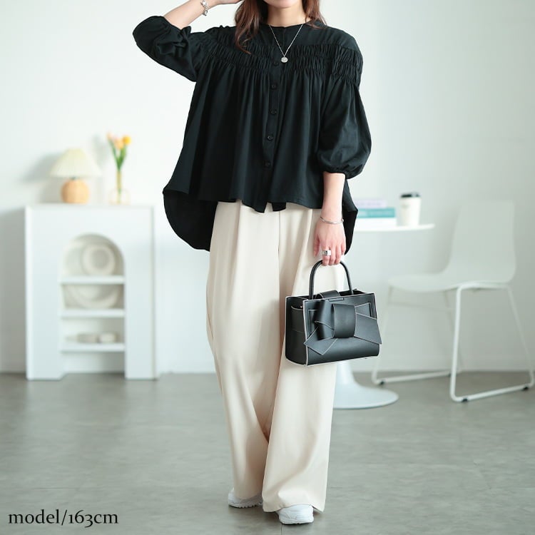 大きいサイズ レディース ピンタックギャザーコットンブラウス