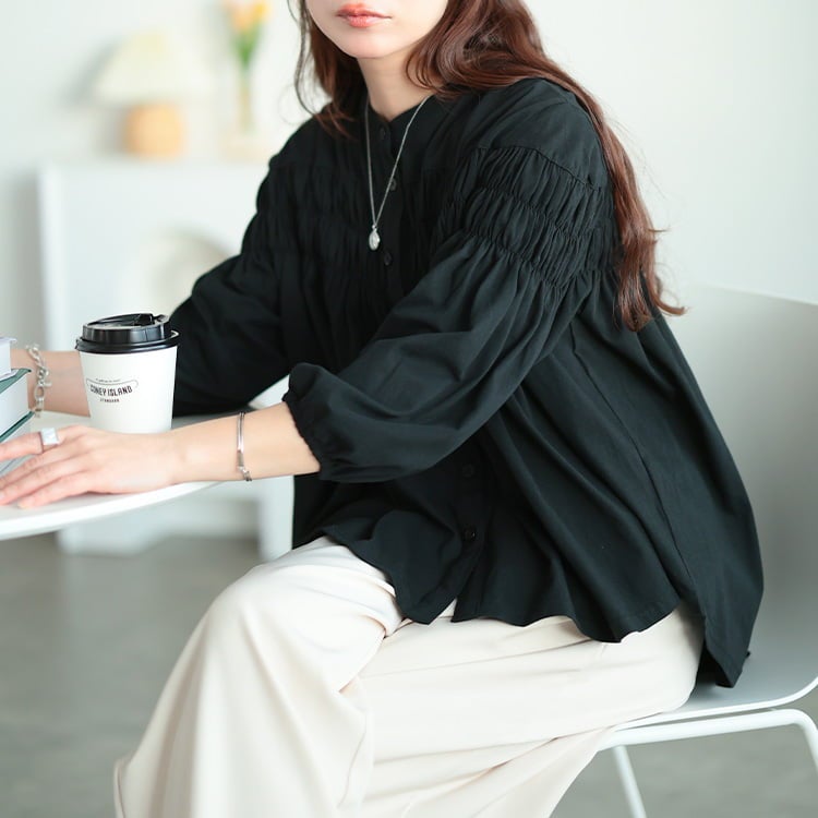 大きいサイズ レディース ピンタックギャザーコットンブラウス