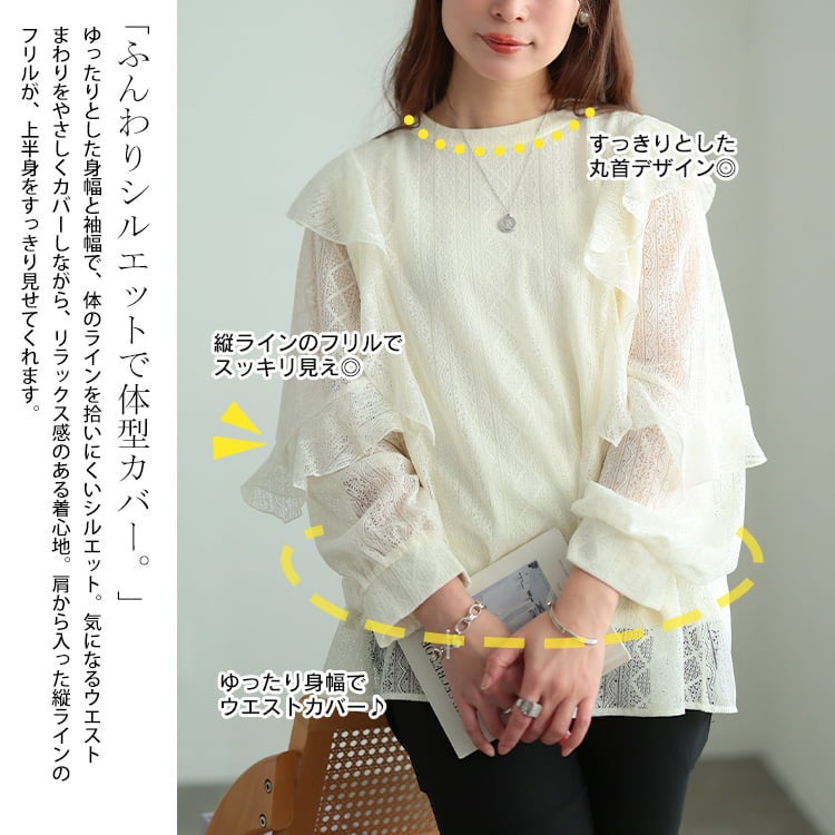 大きいサイズ レディース フリルショルダー幾何学柄レースブラウス