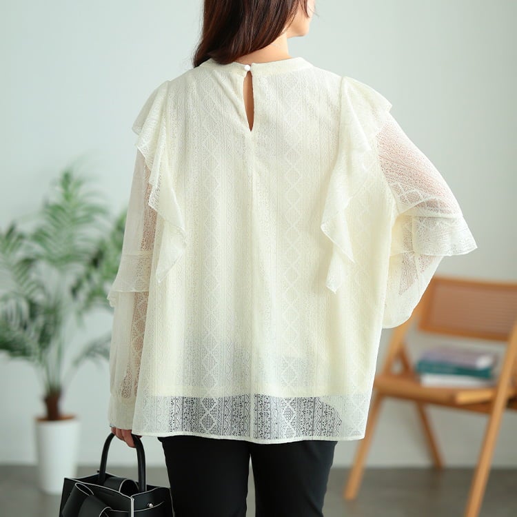 大きいサイズ レディース フリルショルダー幾何学柄レースブラウス