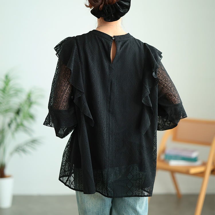 大きいサイズ レディース フリルショルダー幾何学柄レースブラウス