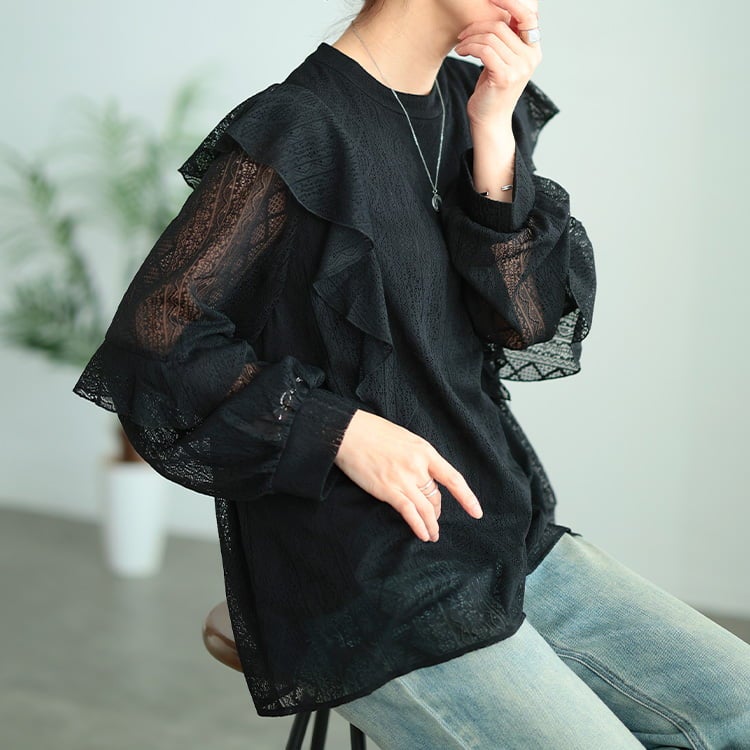 大きいサイズ レディース フリルショルダー幾何学柄レースブラウス