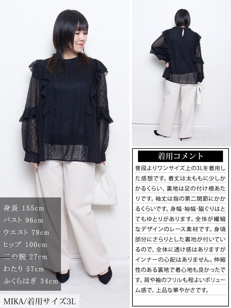 大きいサイズ レディース フリルショルダー幾何学柄レースブラウス